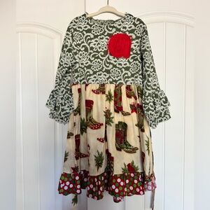 Boutique Handmade Adorable Cowgirl Christmas ruffle sleeve Dress 5